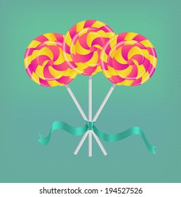 Three colorful lollipops tied by a bond.