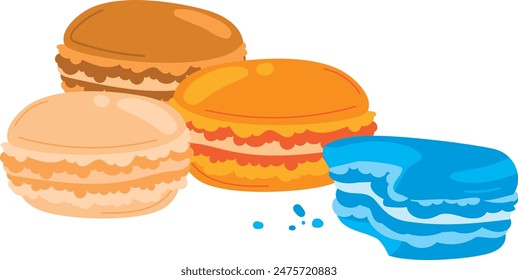 Three colorful macarons halfeaten blue macaron crumbs. Dessert sweet French macarons, delicious pastry cookies. Assorted macarons isolated white background, cartoon vector
