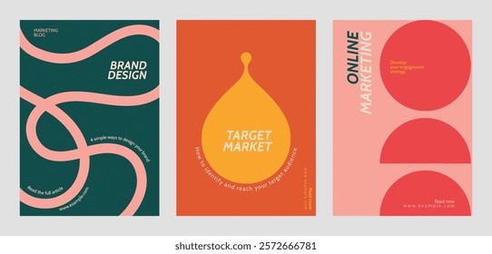 Three colorful marketing posters with bold text. Marketing themes include brand design, target market, and online marketing. Vibrant marketing visuals. Retro pastel branding template vector set.