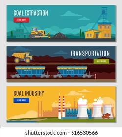 Three colorful mining industry horizontal banners set with flat factory mine vehicles images read more button vector illustration