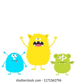 Three colorful monster set. Head face. Cute cartoon scary character. Baby collection. Eyes, tongue horns. Happy Halloween template. White background. Isolated. Flat design. Vector illustration