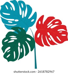 Three colorful Monstera leaves vector illustration