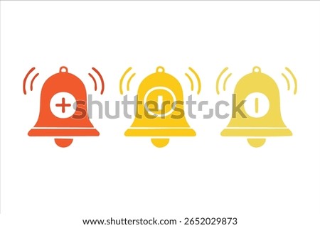 Three Colorful Notification Bells with Plus and Information Icons Ringing