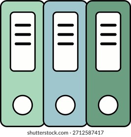 Three colorful office binders, light green, light blue, and dark green, are arranged side by side. Each features a white label on its spine and a circular finger hole, symbolizing organization and documentation.