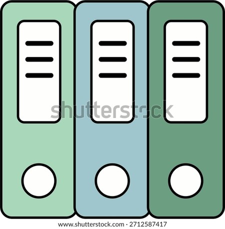Three colorful office binders, light green, light blue, and dark green, are arranged side by side. Each features a white label on its spine and a circular finger hole, symbolizing organization and documentation.