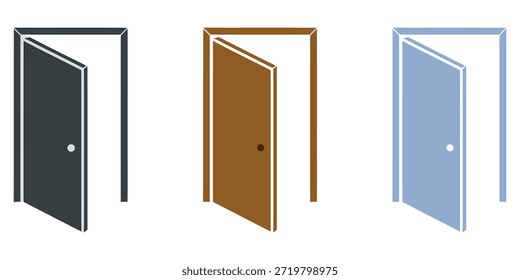 Tres puertas abiertas de colores en un estilo de icono plano simple que representa la entrada y la salida
