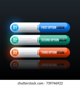 Three colorful options in clean hi-tech style on black glossy background