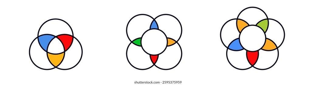 Three colorful overlapping circle designs highlight geometric patterns using vibrant primary and secondary colors.