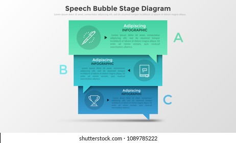 Three colorful overlaying rectangular speech bubbles with letters, thin line pictograms and place for text inside. Concept of 3 stages of negotiations. Infographic design layout. Vector illustration.