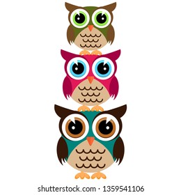 three colorful owls