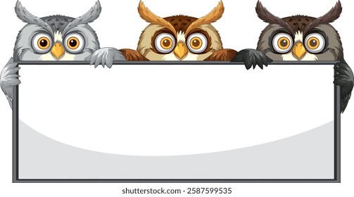 Three colorful owls perched on a blank sign