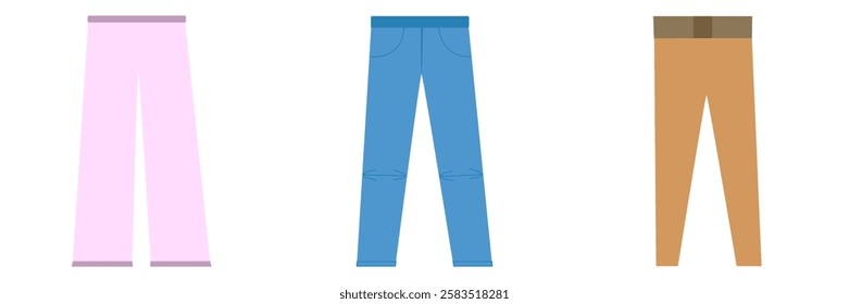 Three colorful pants in different styles. Vector illustration