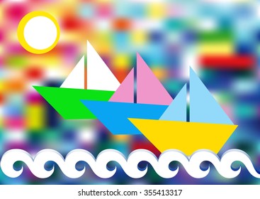 Three colorful paper boats and sun on a bright see blurred background.