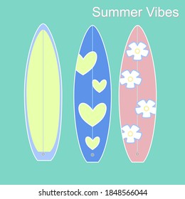Three colorful pattern surfboard on lightly green color background. Flat design illustration vector. Minimal style. Summer calling or Summer vibes concept.