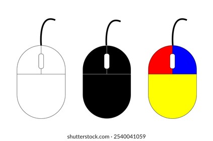 Três vetores coloridos de mouse para PC