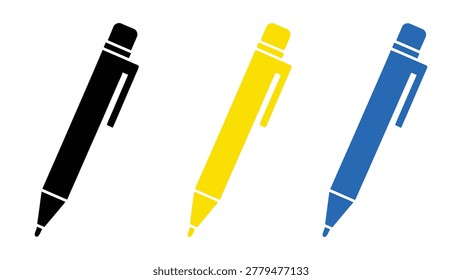 Three colorful pens black yellow and blue on white background with writing instrument writing tools supplies