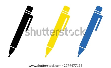Three colorful pens black yellow and blue on white background with writing instrument writing tools supplies