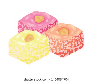 Three colorful pieces of marmalade with nuts. Vector illustration on white background.