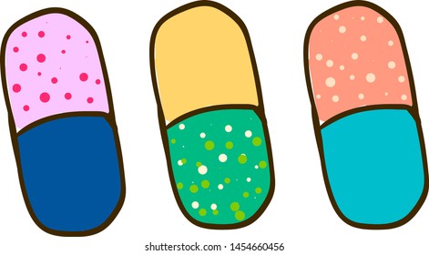 Three colorful pills, illustration, vector on white background.