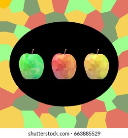 Three colorful pixel apples in a dark frame with abstract background. Vector illustration
