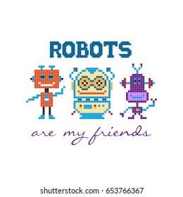 Three colorful pixel fantastic robots isolated on the white background. Vector illustration