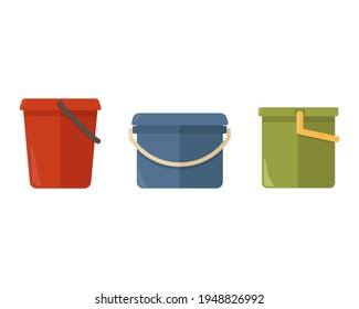Three colorful plastic buckets of different shapes, isolated on white background. Household bucket for washing floors, windows, and rooms. Garbage container. Vector illustration in flat cartoon style