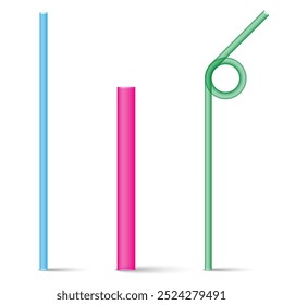 Three colorful plastic drinking straws isolated on white background, pink, green, and blue straight and bendable straws for cocktails and beverages, realistic 3d vector illustration.