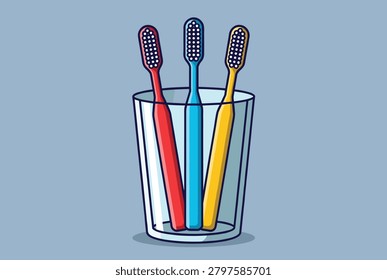 Three colorful plastic toothbrushes standing in a glass cup against a light blue background in cartoon style.