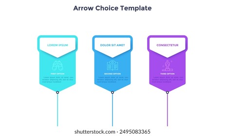 Three colorful pointers placed in horizontal row. Concept of 3 strategic features of successful startup project. Simple infographic design template. Modern flat vector illustration for presentation.