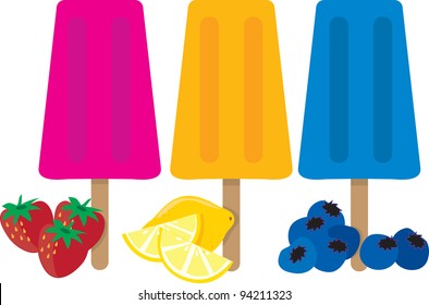 Three colorful popsicles and the types of fruit associated with each color.