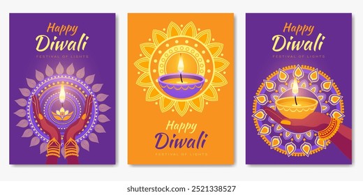 Three colorful posters with a design of a hand holding a candle and the words "Happy Diwali" written on them