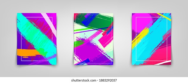 Tres coloridos afiches con pinceladas. Ilustración del vector