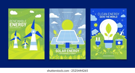Three colorful posters promoting renewable energy. 
