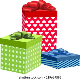 Three of colorful present boxes for Birthday, Christmas or other celebration, vector illustration