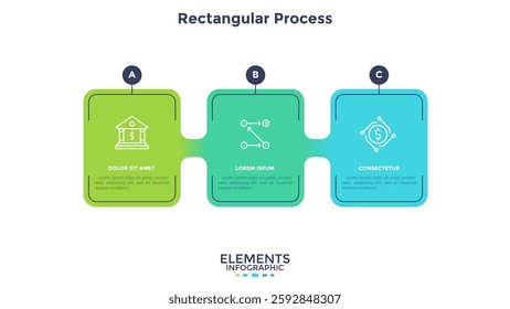 Three colorful rectangular elements placed in horizontal row. Concept of 3 steps of business development process. Simple infographic design template. Modern linear vector illustration for report.