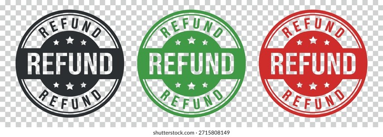 Three colorful refund badges featuring stars and bold text, indicating a return or money-back guarantee.