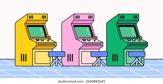 Three colorful retro arcade machines with matching stools Set against a simple white and blue grid floor background in cartoon style vector hand drawn for game banner or vintage gaming arcades design