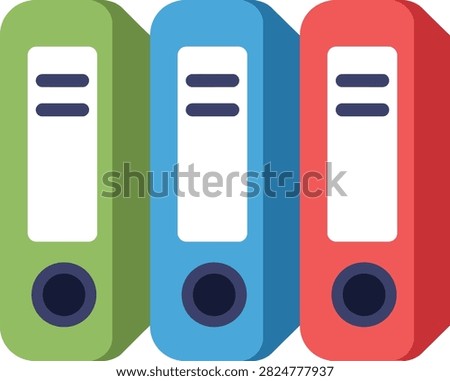 Three colorful ring binders lined up vertically: green, blue, and red with white labels