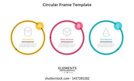 Three colorful round frame elements placed in horizontal row. Concept of 3 stages of business progress. Minimal infographic design template. Vector illustration for presentation, analytics report.