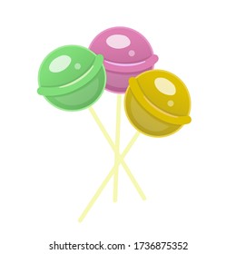 Three colorful round lollipop isolated on white background. Pink, green, yellow candy on stick. Sweet dessert. Juicy delicious glowing sugar snack for children treat. Confectionery shop assortment