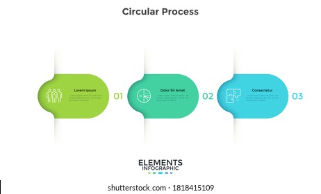 Three colorful rounded elements. Concept of 3 successive steps of business project development process. Minimal infographic design template. Modern flat vector illustration for data visualization.