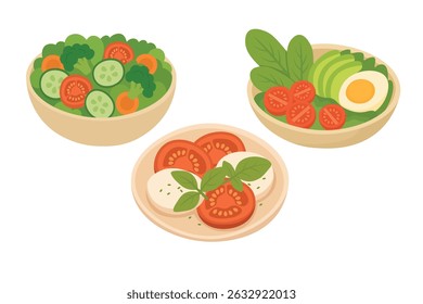 Three colorful salad dishes with vegetables, egg and cheese, flat cartoon style illustration.