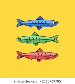 Three colorful sardine fish swimming against in cartoon retro illustration