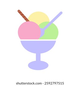 Three colorful scoops of ice cream in ice cream bowl with spoon and cookie tube Dessert menu element