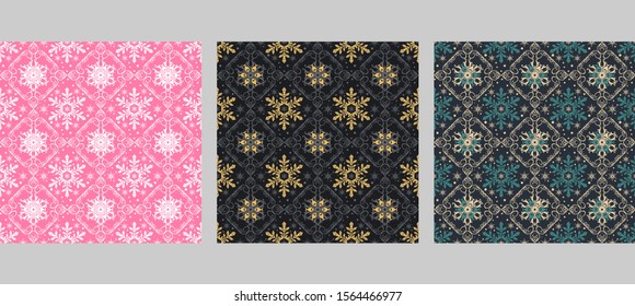 Three colorful seamless pattern with snowflakes. Christmas and New Year concept. For the design Christmas cards, banners, posters, invitations, wrapping paper. Retro style. Vector image.