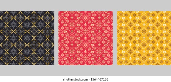 Three colorful seamless pattern with snowflakes. Christmas and New Year concept. For the design Christmas cards, banners, posters, invitations, wrapping paper. Vector image.