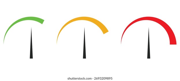 Tres iconos de indicador o velocímetro semicirculares coloridos, indicadores de rendimiento y medición