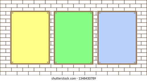 Three colorful sheets with copy space for your text mockup for ads, notes, messages on a white brick wall vector design template.