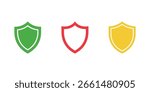 Three colorful shields in green, red, and yellow arranged side by side representing security icons, isolated on a clean, minimal white background, vector illustration.