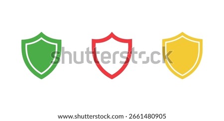 Three colorful shields in green, red, and yellow arranged side by side representing security icons, isolated on a clean, minimal white background, vector illustration.